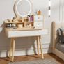 Dressing Table with Round Mirror and Lights, 80cm Wide Small Vanity Desk, Wooden Color, 2 Drawers Image 3