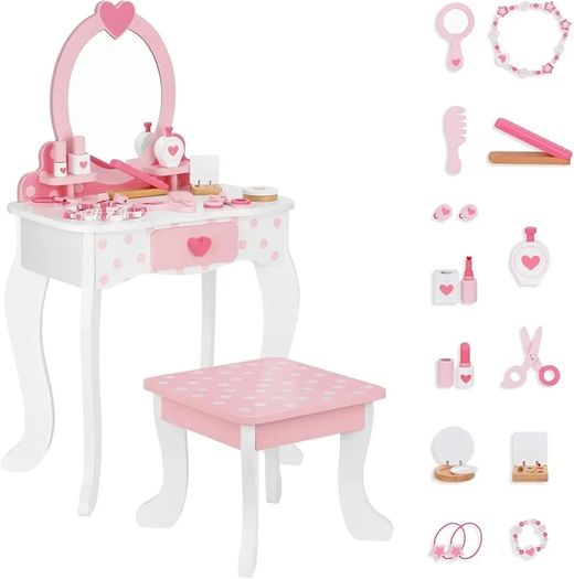 Kids Vanity Set, Table & Chair Vanity Set With Mirror (Includes 15 pcs multiple make up accessories), Makeup Dressing Table with Storage Drawer, Pink