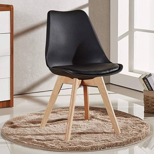 Retro Modern Dining Chairs  Lorenzo Plastic Chairs with Cushioned Pad Seat  Solid Beech Wooden Legs Side Chair for Living Room Kitchen Office Lounge Black, Pack of 2
