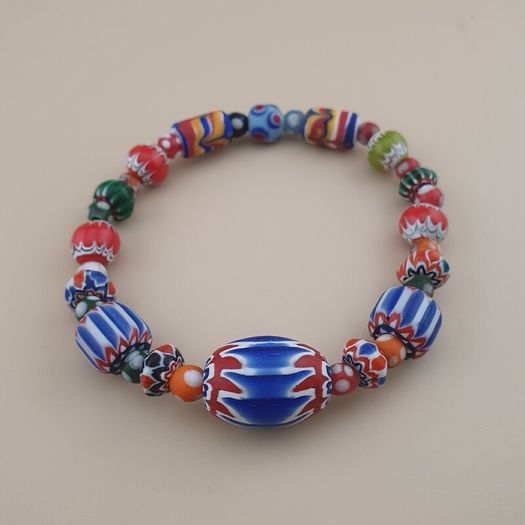 Vintage Venetian Style Chevorn & Mix Glass Trade Glass Beads Bracelet
