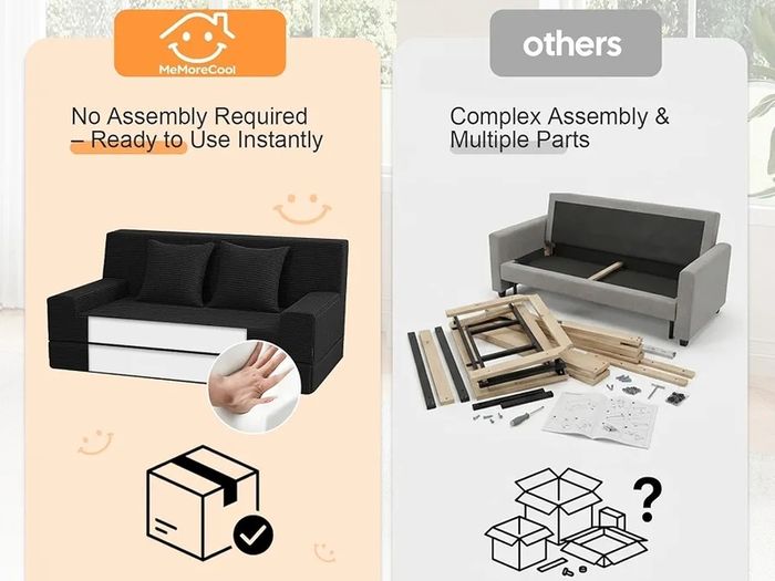 Convertible Folding Sofa Bed, Corduroy Boneless Couch, Black Folding Foam Boneless Couch with 2 Pillows, Sleeper Lounger Foldable Sofa for Small Spaces, Bedroom and Guest Room