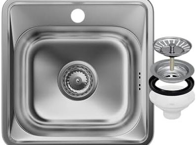 Sink with Siphon 38 x 38 cm - Built-in Steel Sink - Stainless Steel Sink with Tap Hole