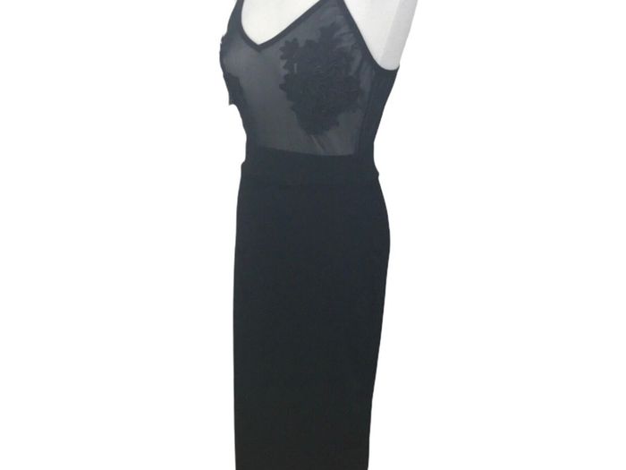 Ladies Black Sexy Strappy Pencil Dress With Embroidered Floral Chest Area Uk 8 includes postage