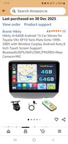 Hikity 4+64GB Android 15 Car Stereo for Toyota Vitz XP10 Yaris Platz Echo 1999-2005 with Wireless Carplay Android