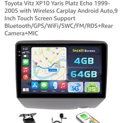 Hikity 4+64GB Android 15 Car Stereo for Toyota Vitz XP10 Yaris Platz Echo 1999-2005 with Wireless Carplay Android