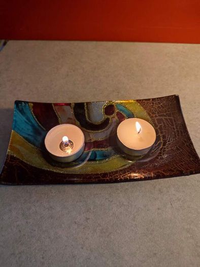 Studio Art Glass Hand Painted Multi-Color Double Tea Light Votive Candle Holder