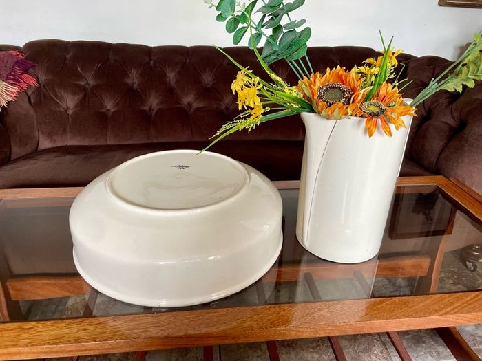 Large Sarreguemines France Ivory Washbasin and Jug Art Deco 1920s to 50s