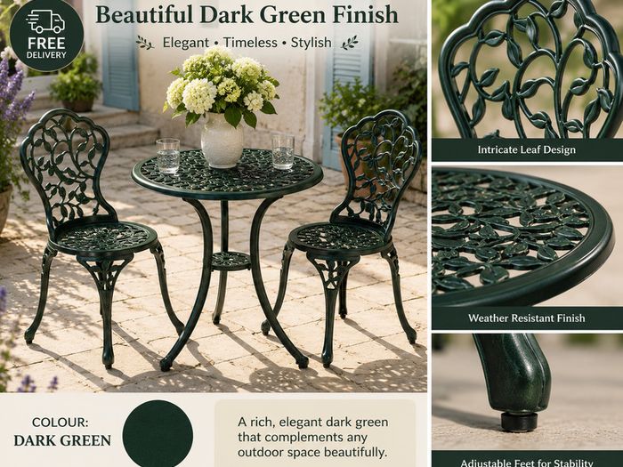 French Country Style Cast Aluminium Bistro Set Deep Forest Green