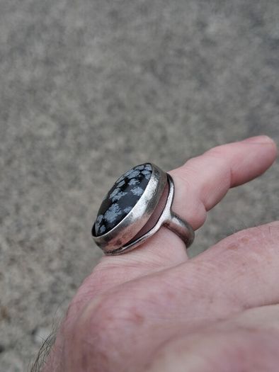 Midcentury Snowflake Obsidian Sterling Silver Ring