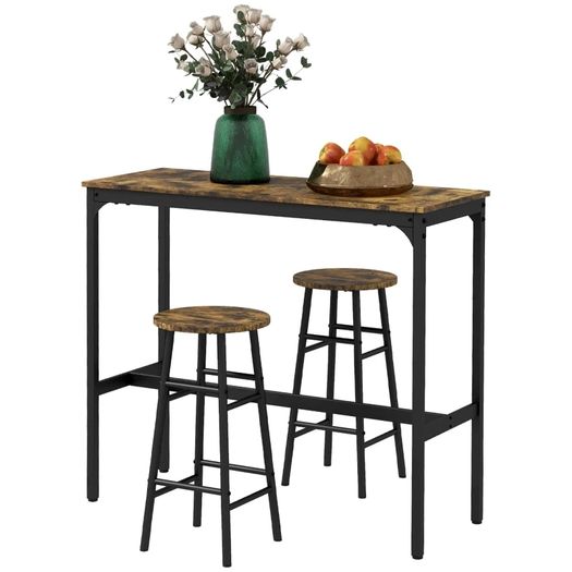Industrial Design 2-Person Bar Table with 2 Stools Set, 3-Piece Bar Stool with Table Set, Brown + Black