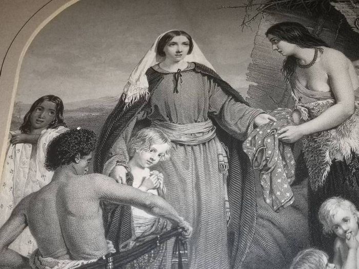 Beautiful antique engraving 1855 The Alms deeds of Dorcas