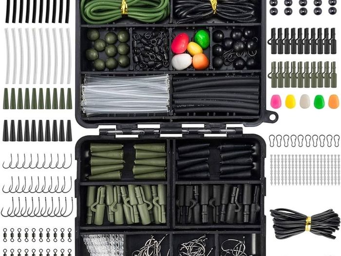 NEW SALE | 278pcs Carp Fishing Tackle Job Lot in Box Clips Hooks Quick Change Swivel Links Shrink Tubes Corn Rubbers Terminal Tackles Green Black