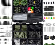 NEW SALE | 278pcs Carp Fishing Tackle Job Lot in Box Clips Hooks Quick Change Swivel Links Shrink Tubes Corn Rubbers Terminal Tackles Green Black