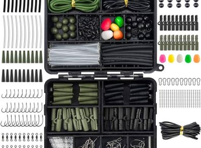 NEW SALE | 278pcs Carp Fishing Tackle Job Lot in Box Clips Hooks Quick Change Swivel Links Shrink Tubes Corn Rubbers Terminal Tackles Green Black
