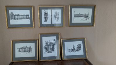 Collection of 6 Framed Trinity College Dublin Pen and Ink Prints