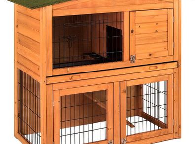 Wooden Pet Rabbit 2 Tier Hutch, Double Bunny Guinea Pig Animal House Home Run Cage With Sliding Tray