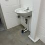 Toilet with handrails, two sinks, unused. Image 2