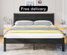 King Size Bed Frame with Wooden Headboard  Under-Bed Storage for Master Bedroom, Couples, Heavy Duty Metal Frame 800 lbs, Noise-Free, No Box Spring Needed, Easy Assembly , Black Oak