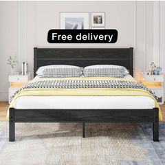 King Size Bed Frame with Wooden Headboard  Under-Bed Storage for Master Bedroom, Couples, Heavy Duty Metal Frame 800 lbs, Noise-Free, No Box Spring Needed, Easy Assembly , Black Oak