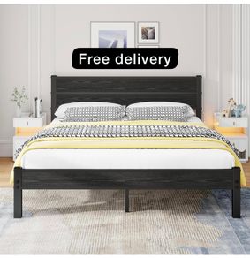 King Size Bed Frame with Wooden Headboard  Under-Bed Storage for Master Bedroom, Couples, Heavy Duty Metal Frame 800 lbs, Noise-Free, No Box Spring Needed, Easy Assembly , Black Oak