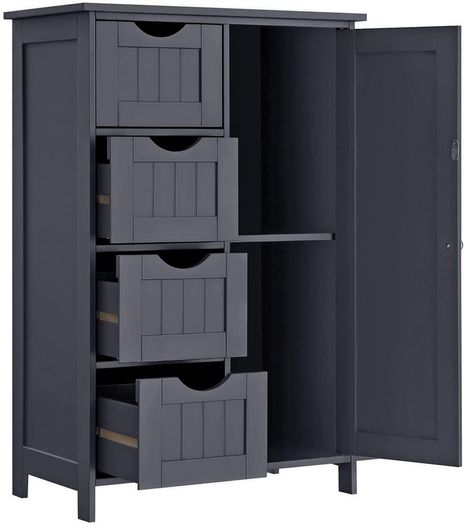 Wooden Bathroom Sideboard with 4 Drawers, Cabinet Door, Adjustable Shelf, Living Room, Kitchen, Hallway, Deep, Freestanding, Gray