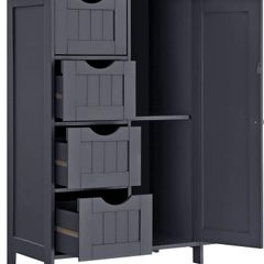 Wooden Bathroom Sideboard with 4 Drawers, Cabinet Door, Adjustable Shelf, Living Room, Kitchen, Hallway, Deep, Freestanding, Gray