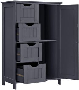 Wooden Bathroom Sideboard with 4 Drawers, Cabinet Door, Adjustable Shelf, Living Room, Kitchen, Hallway, Deep, Freestanding, Gray