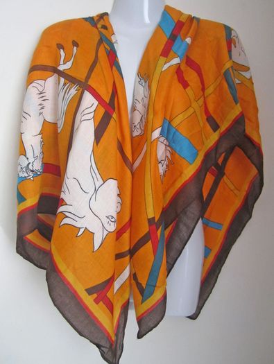 Stylish Ladies Large Orange Scarf Kerchief Wrap Shawl with White Horse Print