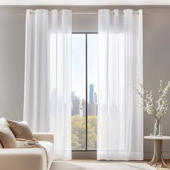 Linen Look Voile Curtains White, Semi Transparent Eyelet Sheer Curtains, Voile Curtains for Living Room, 229x140cm Height x Width 2 Panels