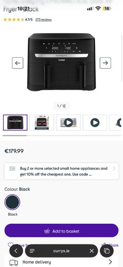 Tefal 8.3L 2700W Dual Zone 7 in 1 Digital Air Fryer - Black EY901840