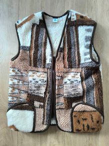 warm wool fur vest brown white beige L