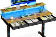 Electric Standing Desk, 120 x 54cm Height Adjustable Desk with 3 Drawers, RGB LED Strip &amp; Charging Station