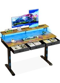 Electric Standing Desk, 120 x 54cm Height Adjustable Desk with 3 Drawers, RGB LED Strip & Charging Station