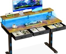 Electric Standing Desk, 120 x 54cm Height Adjustable Desk with 3 Drawers, RGB LED Strip & Charging Station