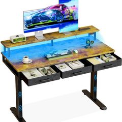 Electric Standing Desk, 120 x 54cm Height Adjustable Desk with 3 Drawers, RGB LED Strip & Charging Station