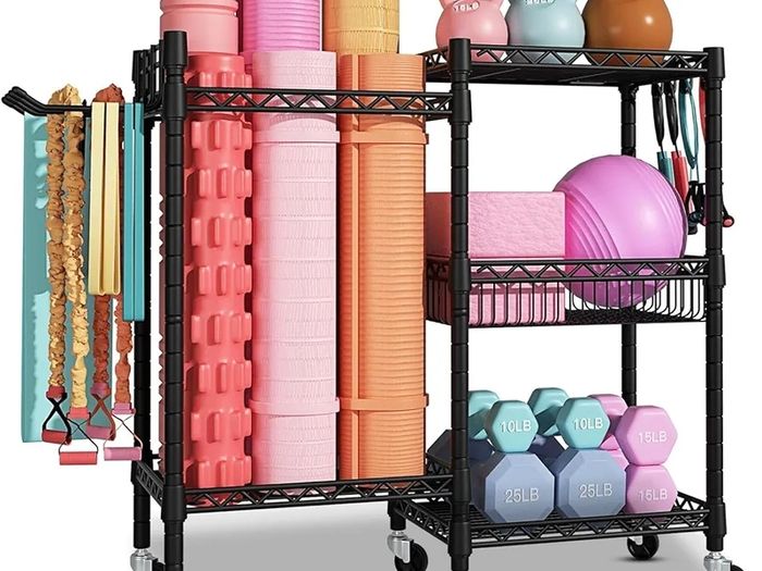 3-Tier Heavy Duty Carbon Steel Gym Storage Rack with Lockable Wheels  Hooks  Fitness Organizer for Dumbbells, Yoga Mats, Kettlebells  Resistance Bands 120KG Load for Home Gym