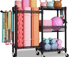 3-Tier Heavy Duty Carbon Steel Gym Storage Rack with Lockable Wheels  Hooks  Fitness Organizer for Dumbbells, Yoga Mats, Kettlebells  Resistance Bands 120KG Load for Home Gym