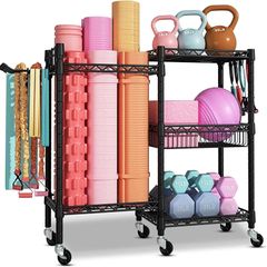 3-Tier Heavy Duty Carbon Steel Gym Storage Rack with Lockable Wheels  Hooks  Fitness Organizer for Dumbbells, Yoga Mats, Kettlebells  Resistance Bands 120KG Load for Home Gym