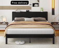 King Size Bed Frame with Wooden Storage Headboard, Metal Bed Frame King Size Bed Base/Mattress Foundation, Enhanced Support Noise Free, Black