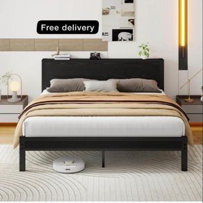 King Size Bed Frame with Wooden Storage Headboard, Metal Bed Frame King Size Bed Base/Mattress Foundation, Enhanced Support Noise Free, Black