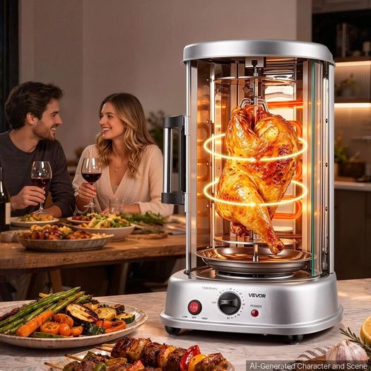 Countertop Vertical Rotating Oven 11.5L Rotisserie Shawarma Machine, 1500W Kebab Grill Roaster with Heat-Resistant Door, Drip Tray, and Timer Control, Kebab Rack with 7 Skewers
