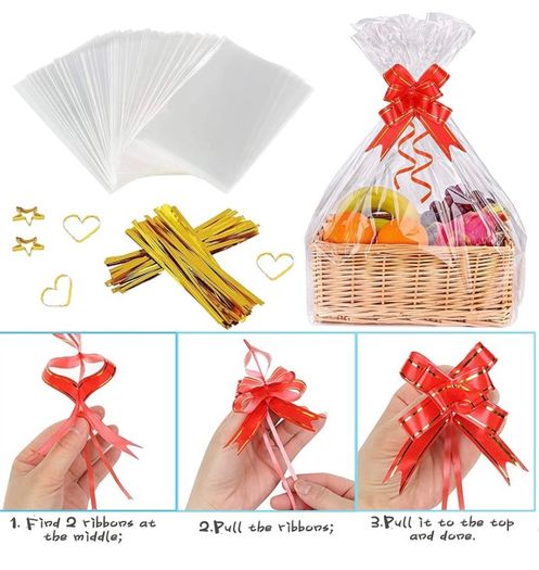 20Pcs Cellophane Basket Bags, 14X20in Clear Hamper Wrap Bag with Pull Bow Blank Hangtag & Twist Ties, Large Present Bags Set for Gift Packaging Arts Crafts Toys Fruit Christmas Making (FREE POSTAGE)