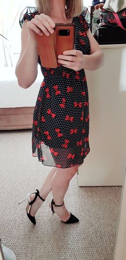 Navy Polka Dot Mini Dress with Bows - Size 6