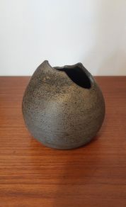 Fabulous Small Hand-Thrown Art Pottery Globe Shaped Vase with A Cool Abstract Shaped Cutout For the Top Opening, Hand Made, But Unknown Maker