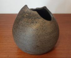 Fabulous Small Hand-Thrown Art Pottery Globe Shaped Vase with A Cool Abstract Shaped Cutout For the Top Opening, Hand Made, But Unknown Maker