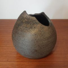 Fabulous Small Hand-Thrown Art Pottery Globe Shaped Vase with A Cool Abstract Shaped Cutout For the Top Opening, Hand Made, But Unknown Maker