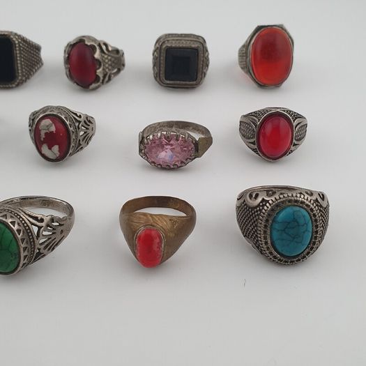 Antique Rings Lot 15 Mixed Brass, Stone & Glass Rings