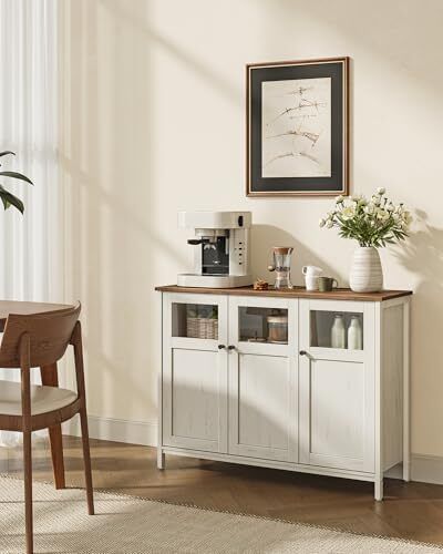 Sideboard Kitchen Cabinet Storage Cabinet with Glass Doors for Living Room Kitchen Dining Room Steel Frame Industrial Style Honey Brown Vintage White