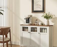 Sideboard Kitchen Cabinet Storage Cabinet with Glass Doors for Living Room Kitchen Dining Room Steel Frame Industrial Style Honey Brown Vintage White