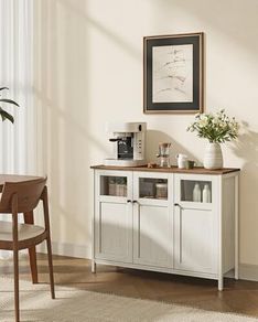 Sideboard Kitchen Cabinet Storage Cabinet with Glass Doors for Living Room Kitchen Dining Room Steel Frame Industrial Style Honey Brown Vintage White